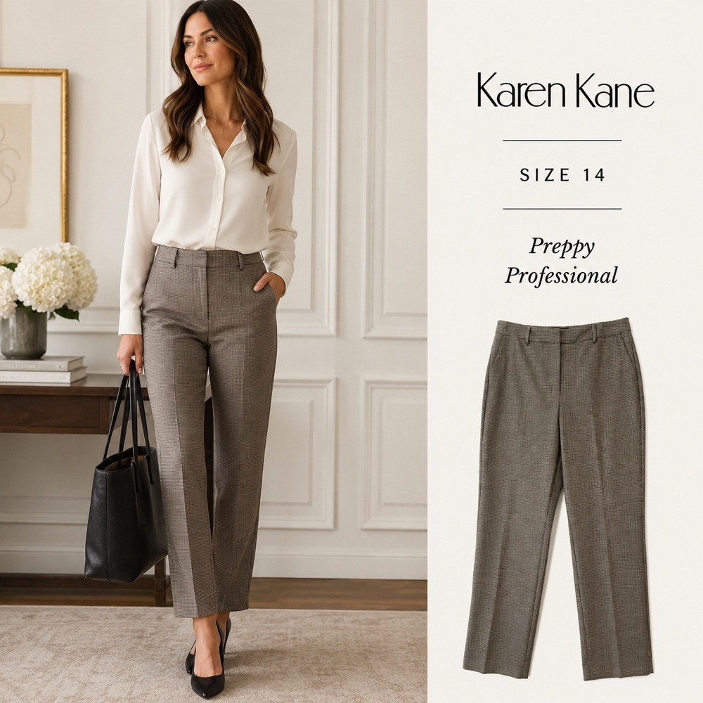 Karen‎ Kane Pants Women 14 Brown Houndstooth Straight Leg Office Work Tailored